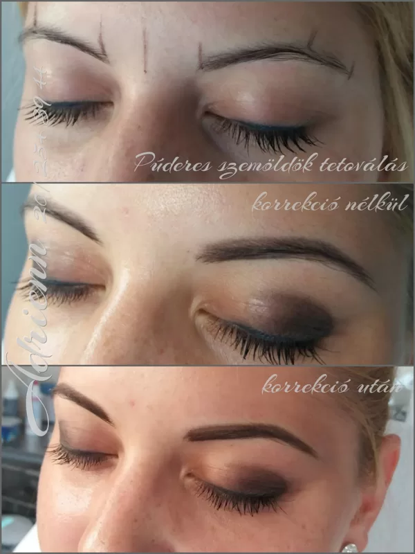 Púderes satírozott szemöldök tetoválás- korrekció előtt és után